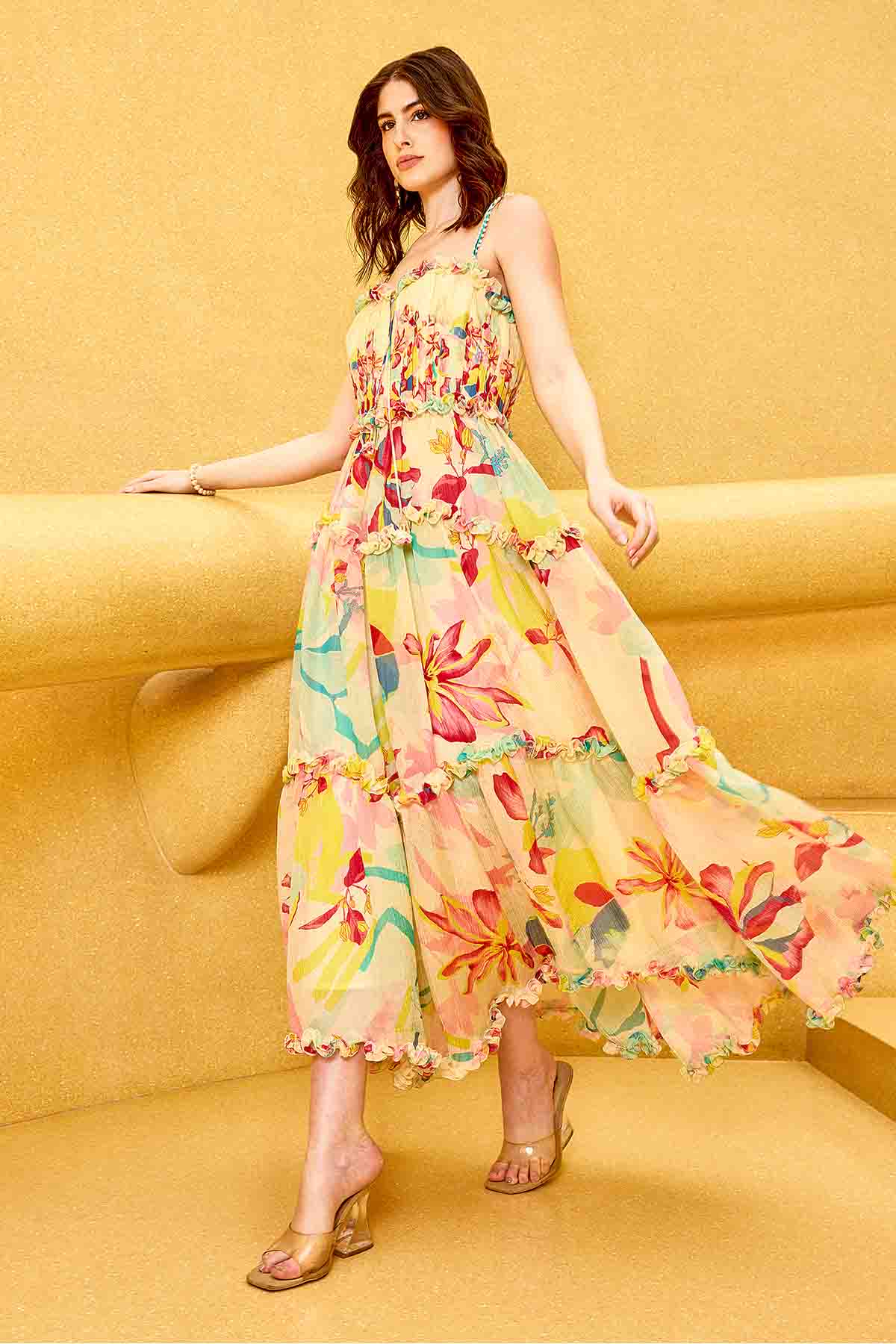 Buy Yellow Floral Print Tiered Dress by Mandira Wirk